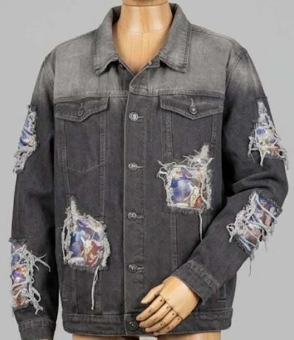 Rebel Vengeance Distressed Denim Trucker Jacket with Angel Art Patchwork